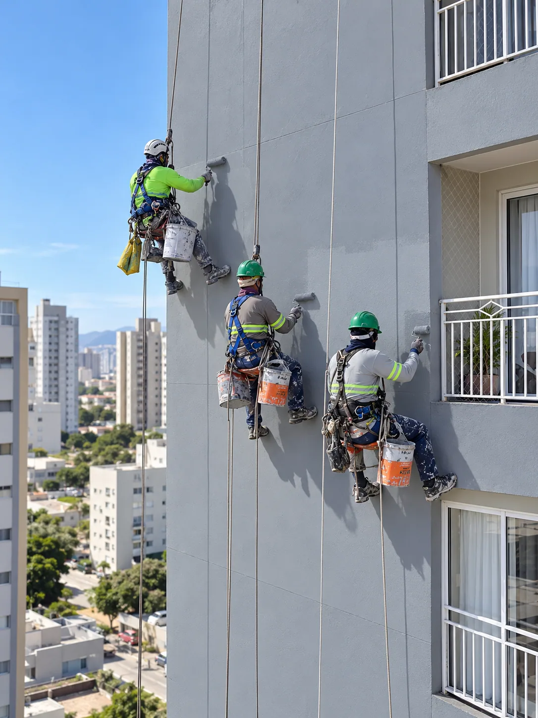 Pintor em andaime executando pintura de fachada predial em Balneário Camboriú