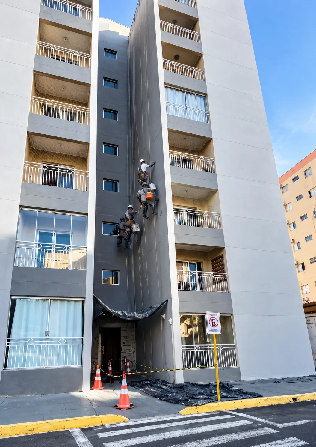 Equipe executando pintura externa de edifício com acesso por corda