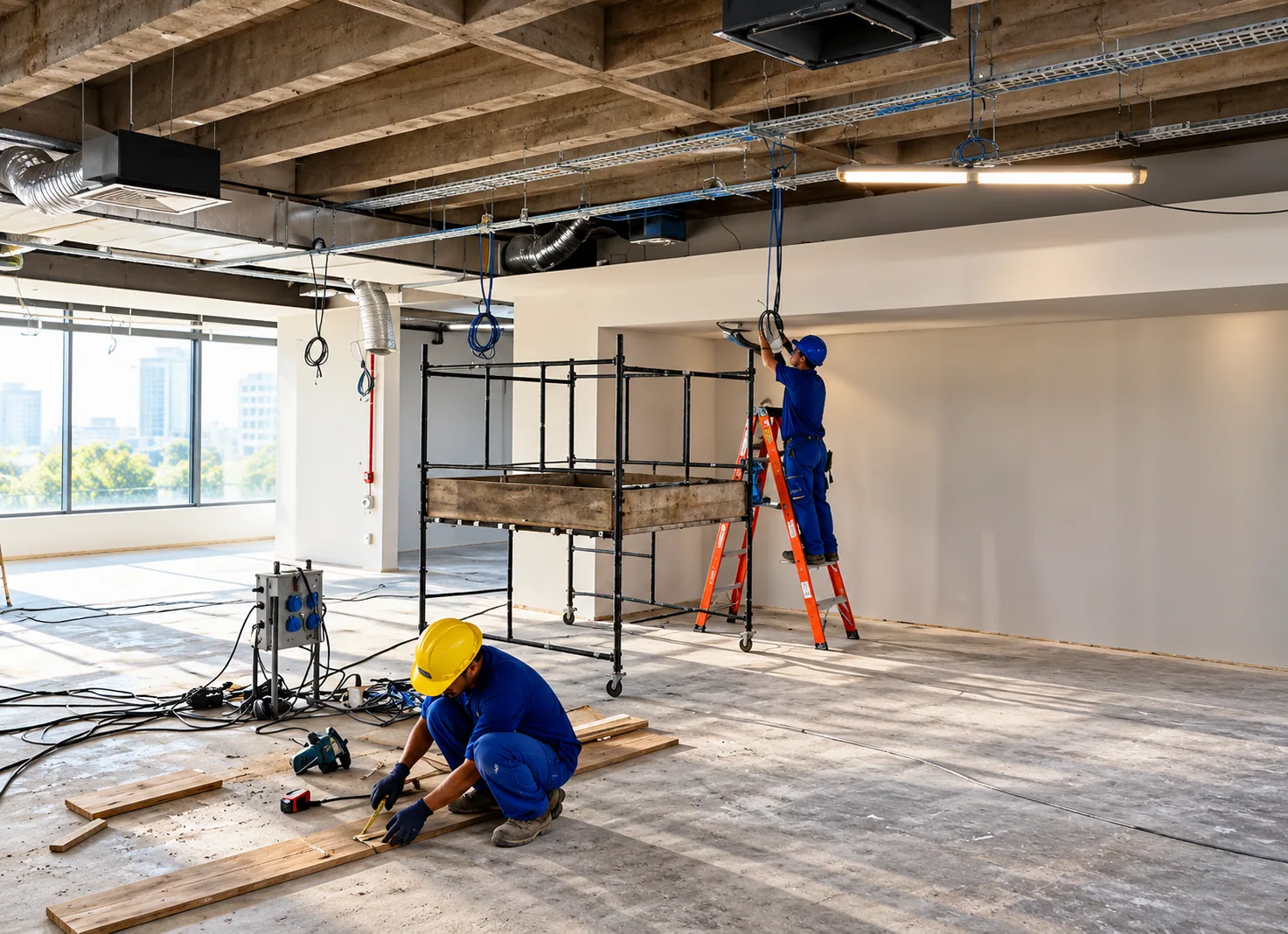 Equipe executando reforma interna em área comercial